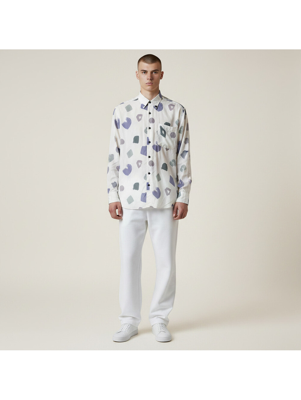 Reunion Shirt Men L Large White Geometric Button Up Collared Long Sleeve Linen